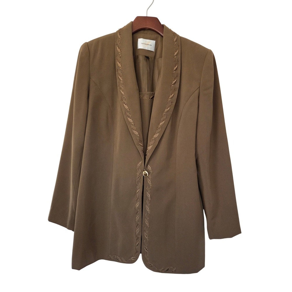 Terramina Blazer Beaded Leaf Embroidery Women Size‎ 12 Brown Professional